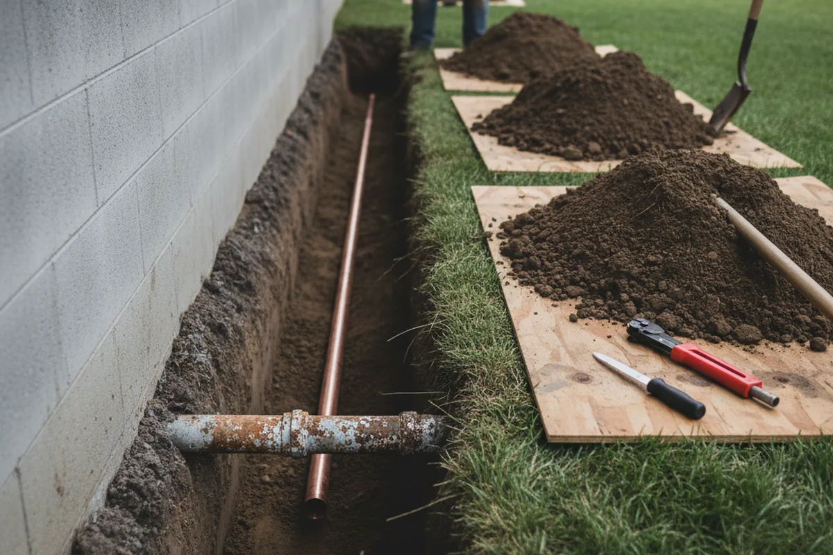 Excavated water line trench during Water Softener Installation in Newport